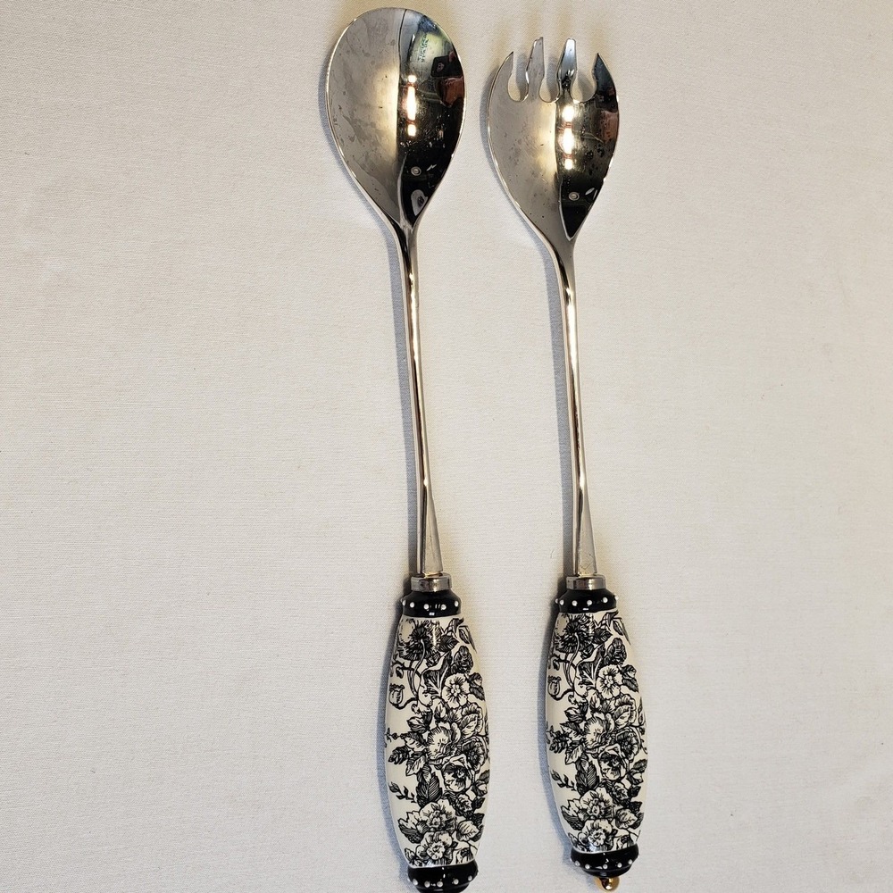 Mud Pie Salad Serving Set Black White Toile Floral Ceramic Handle Silver